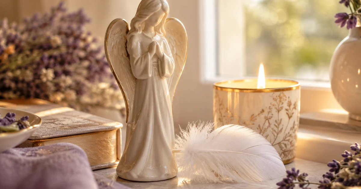 Anges gardiens : statuette d'ange en céramique blanche près d'une fenêtre lumineuse, plume blanche et bougie