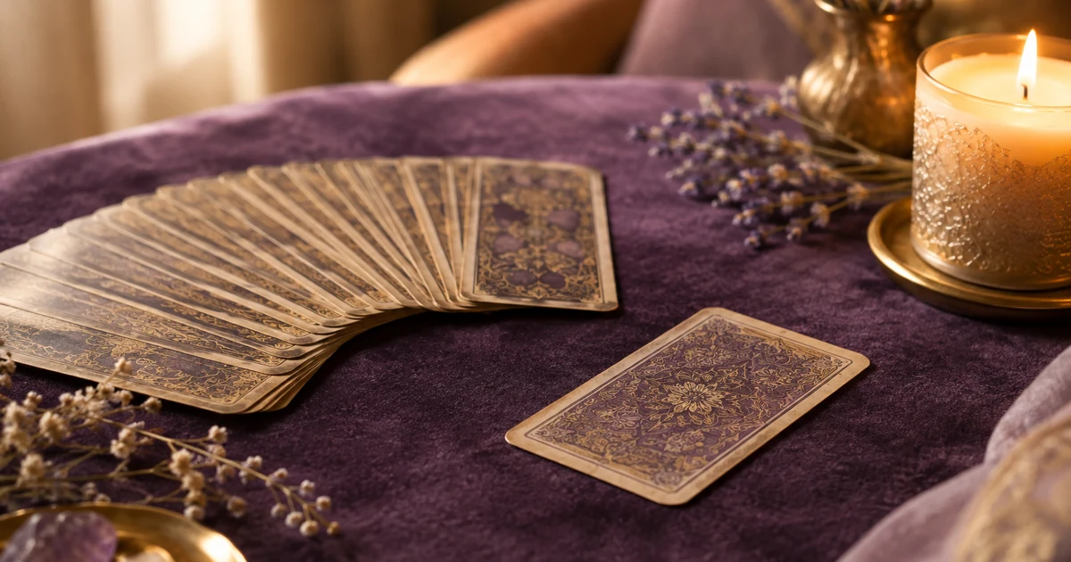 As de pique : jeu de cartes ancien étalé en éventail sur une nappe en velours violet, une carte à part, bougie