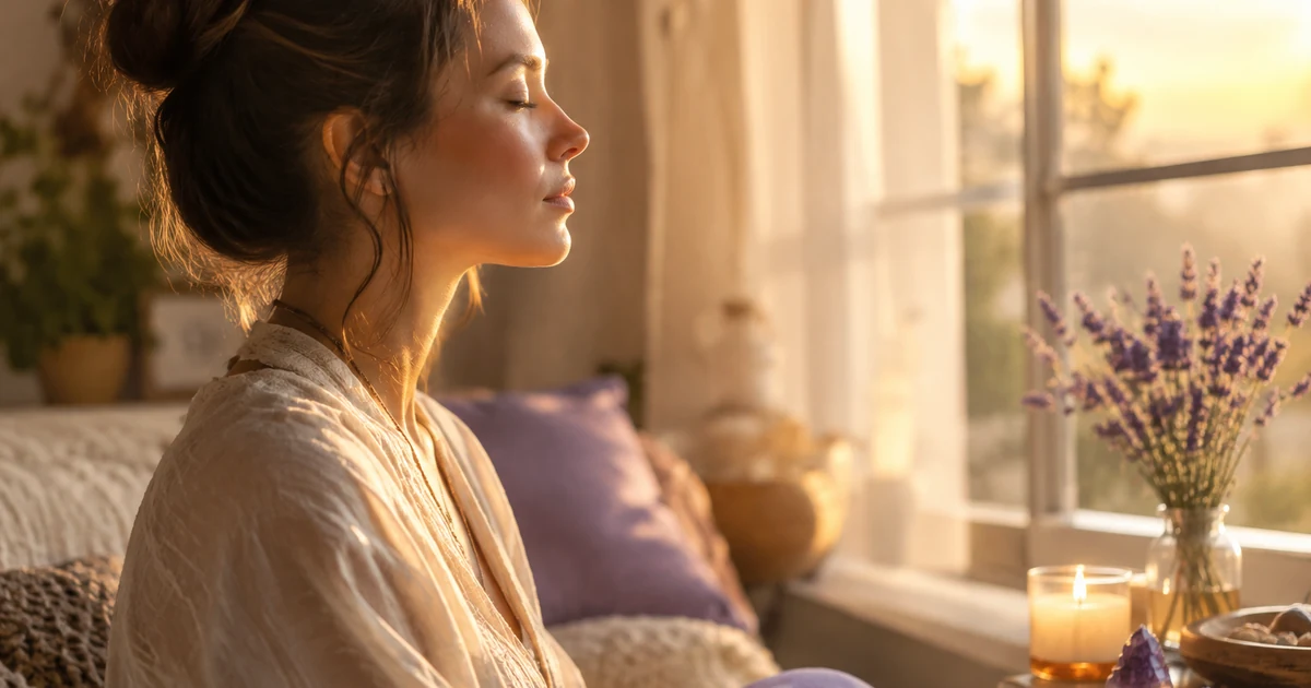 Clairvoyance : une femme de profil, les yeux fermés, en méditation près d'une fenêtre baignée de lumière dorée