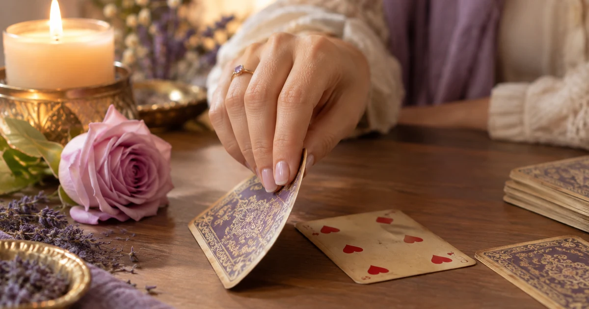 Dame de cœur : la main d'une femme retourne une carte à jouer ancienne sur une table en bois, rose et bougie