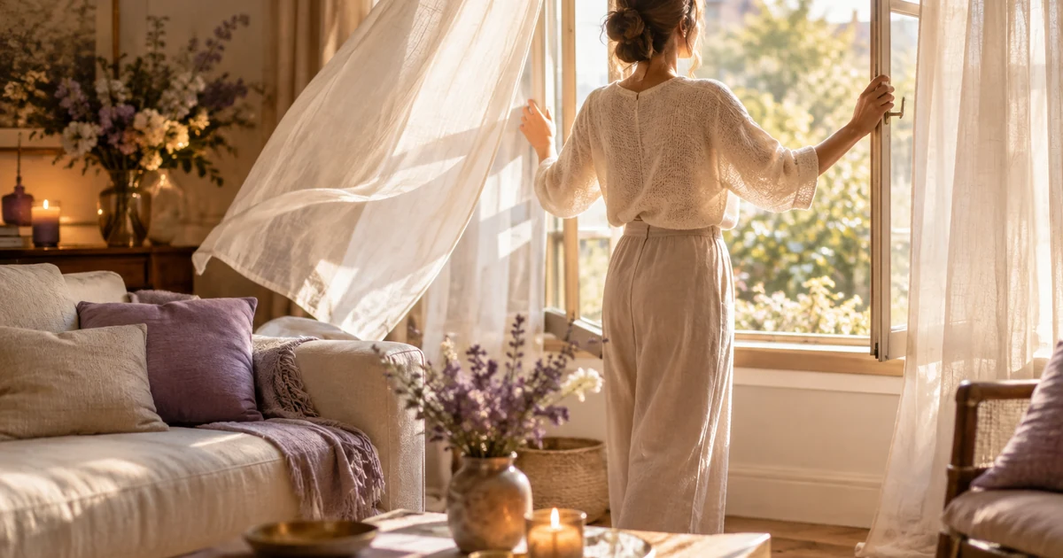 Énergies négatives dans la maison : une femme ouvre grand la fenêtre du salon, voilages soulevés par l'air frais