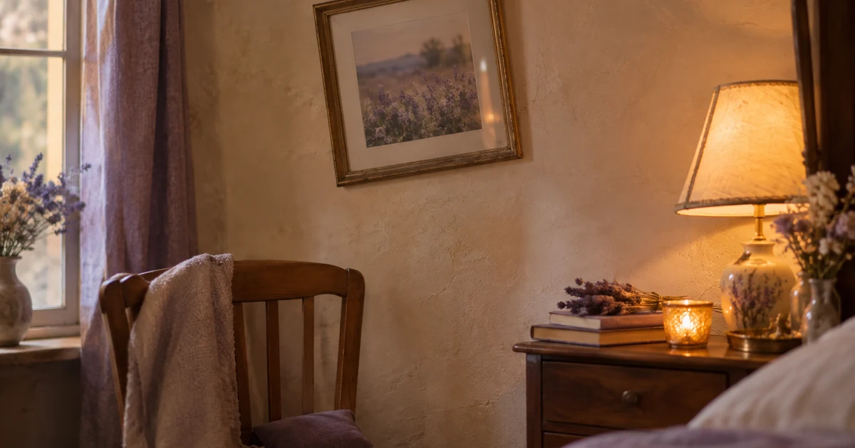 Esprit frappeur : chambre ancienne au calme du soir, tableau au mur, chaise en bois et lampe de chevet allumée