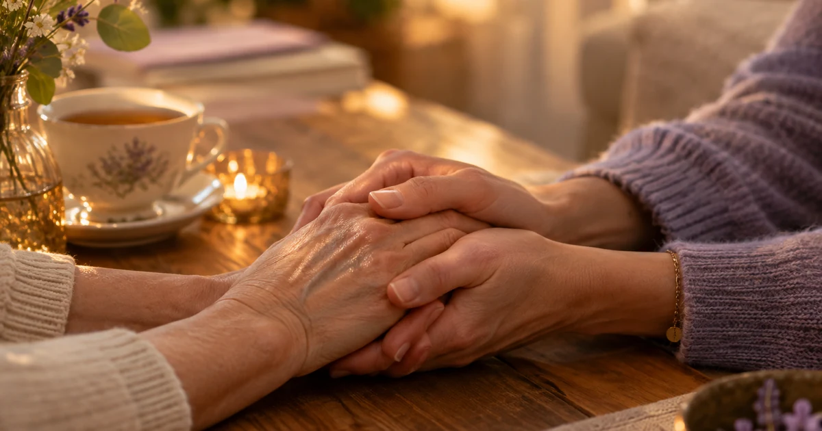 Étapes du deuil : deux mains se tiennent avec tendresse sur une table en bois, tasse de thé et bougies