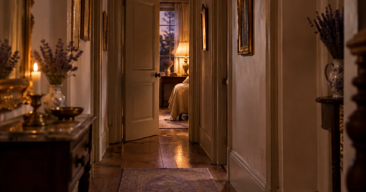 Maison hantée : couloir d'une vieille maison au crépuscule, porte entrouverte et lampe douce sur le parquet ancien