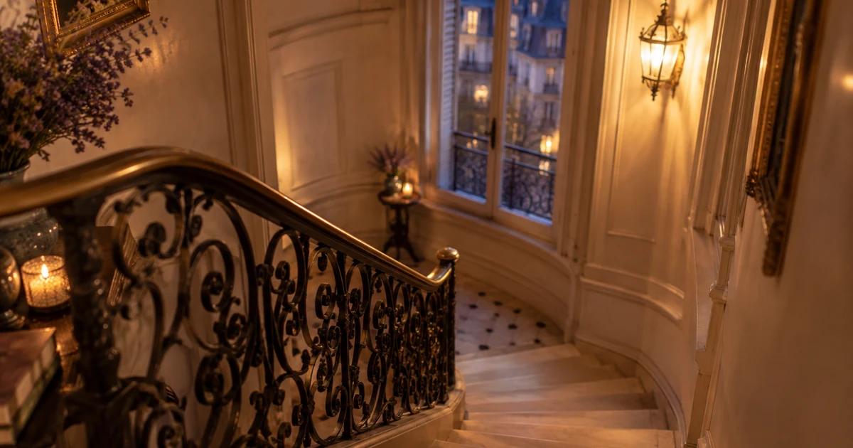 Maisons hantées de Paris : vieil escalier d'immeuble haussmannien à la tombée de la nuit, rampe en fer forgé