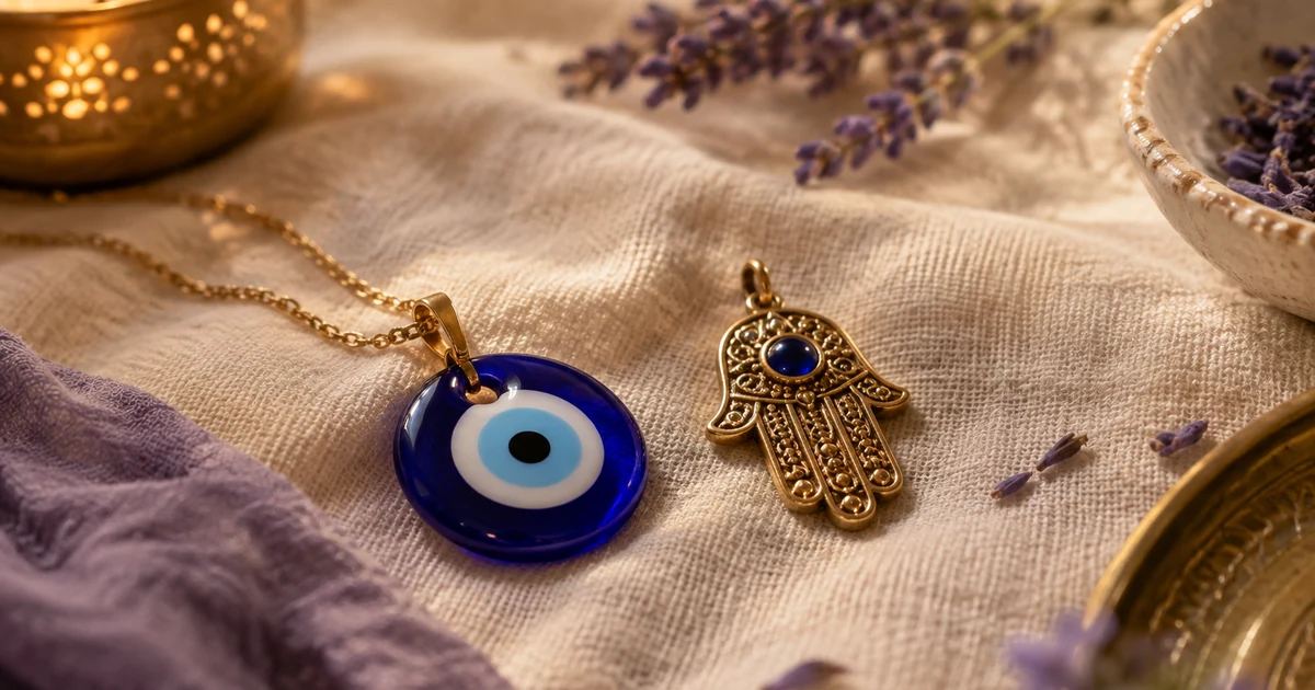 Mauvais œil : pendentif œil bleu nazar et main de Fatma dorée posés sur un tissu en lin crème et de la lavande