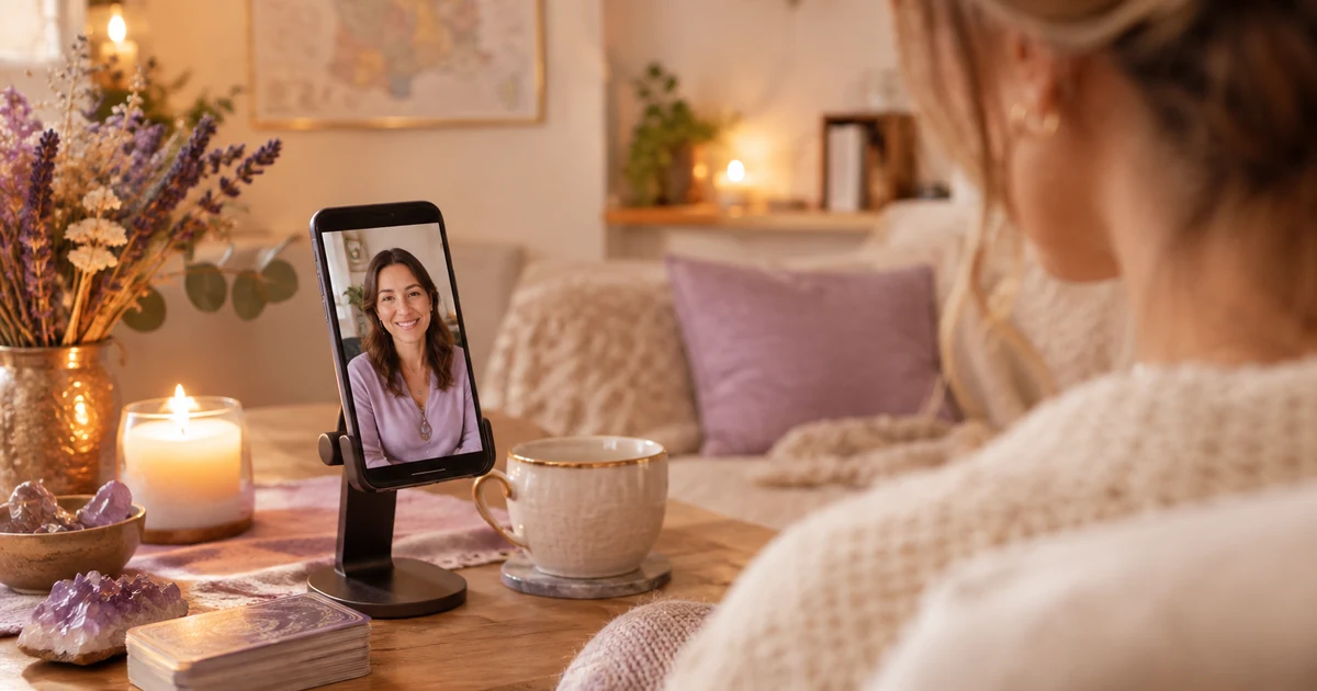 Consultation de médium en visio : smartphone sur un support dans un salon cosy, bougie et tasse de thé