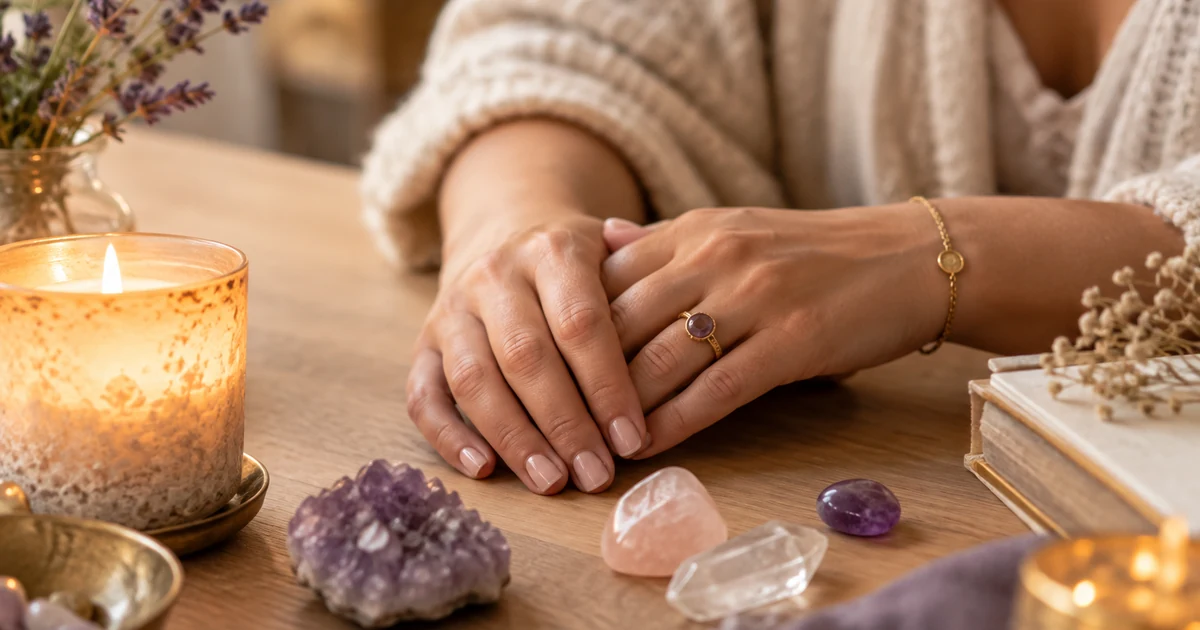 Médium : les mains d'une femme posées calmement sur une table près d'une bougie et de cristaux d'améthyste