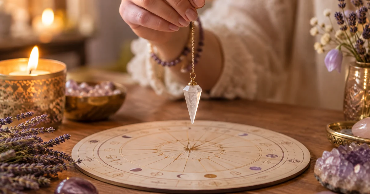 Pendule divinatoire : main tenant un pendule en cristal au-dessus d'une planche de radiesthésie