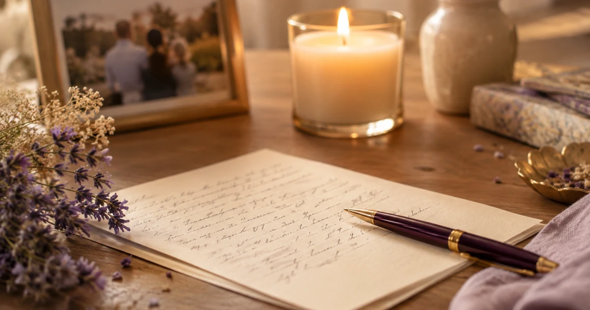 Pensées pour un défunt : lettre manuscrite et stylo sur une table, photo de famille et bougie