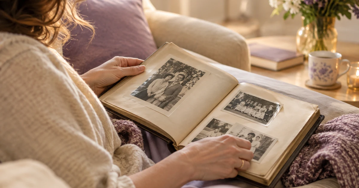 Perdre un parent : une femme feuillette un vieil album photo de famille sur son canapé, lumière d'après-midi