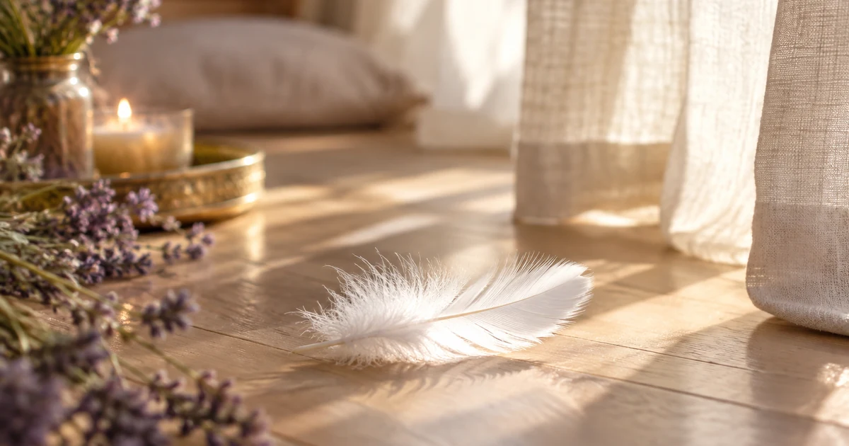 Plume blanche posée sur un parquet clair dans un rayon de lumière matinale, voilage en lin en arrière-plan