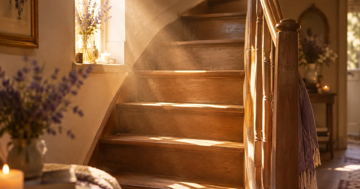 Présence dans la maison : escalier en bois baigné d'un rayon de lumière dorée, poussière en suspension