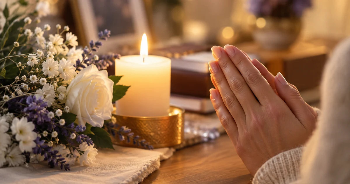 Prière pour un défunt : mains jointes près d'une bougie allumée et d'un bouquet de fleurs blanches