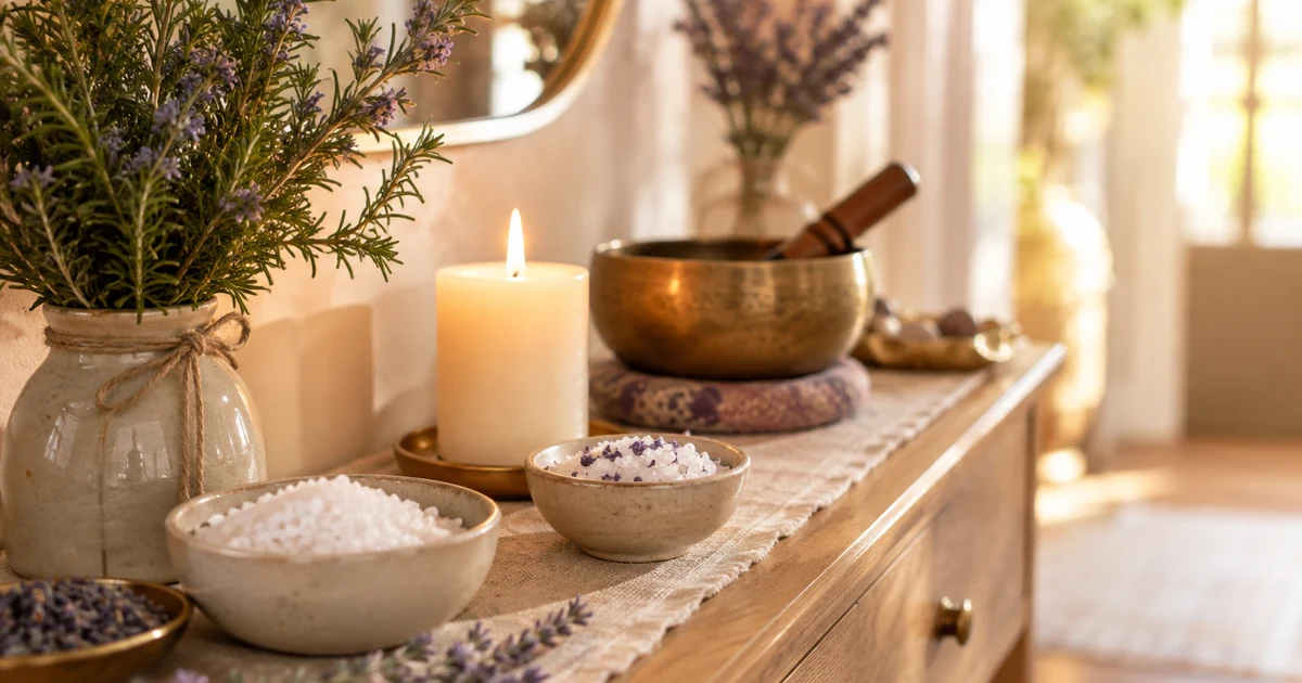Purifier sa maison : coupelles de gros sel, bougie, romarin et bol chantant sur une console d'entrée lumineuse
