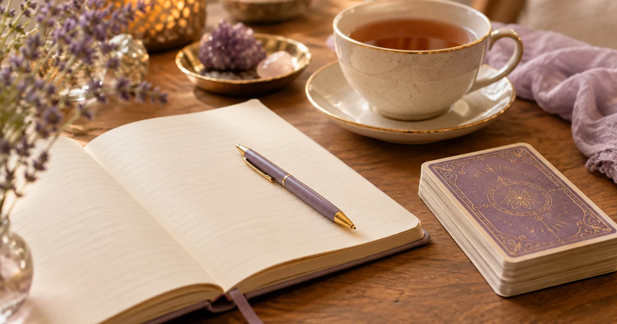 Questions à poser à une voyante : carnet ouvert avec un stylo, tasse de thé et jeu de cartes sur une table en bois