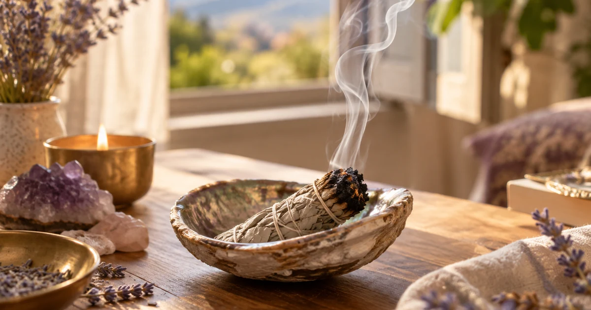 Sauge blanche : un bâton de sauge fume doucement dans un coquillage sur une table en bois, fenêtre ouverte