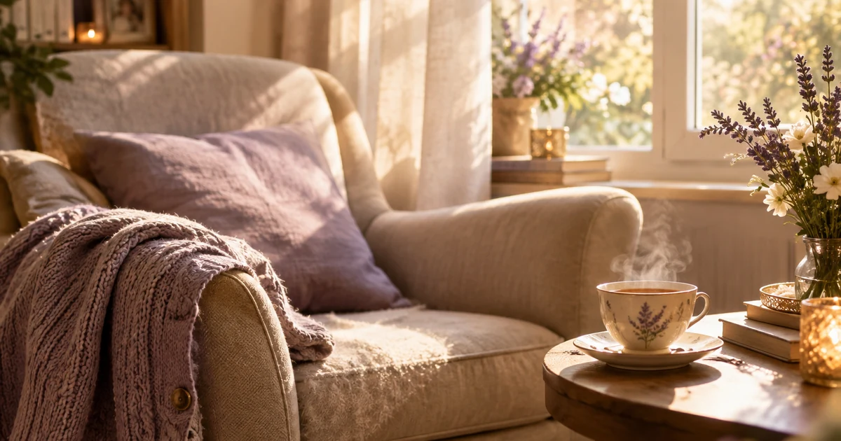 Signes d'un défunt : fauteuil vide près de la fenêtre, gilet en laine sur l'accoudoir et tasse de thé fumante