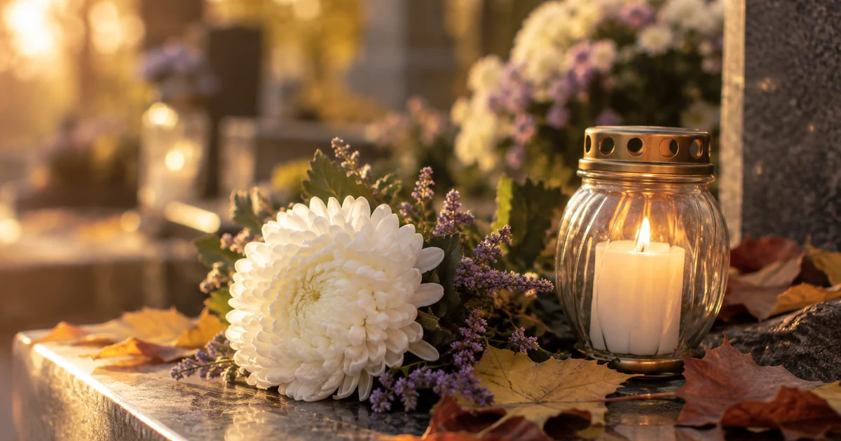 Toussaint : chrysanthème blanc et bougie sous verre allumée sur une tombe, feuilles d'automne