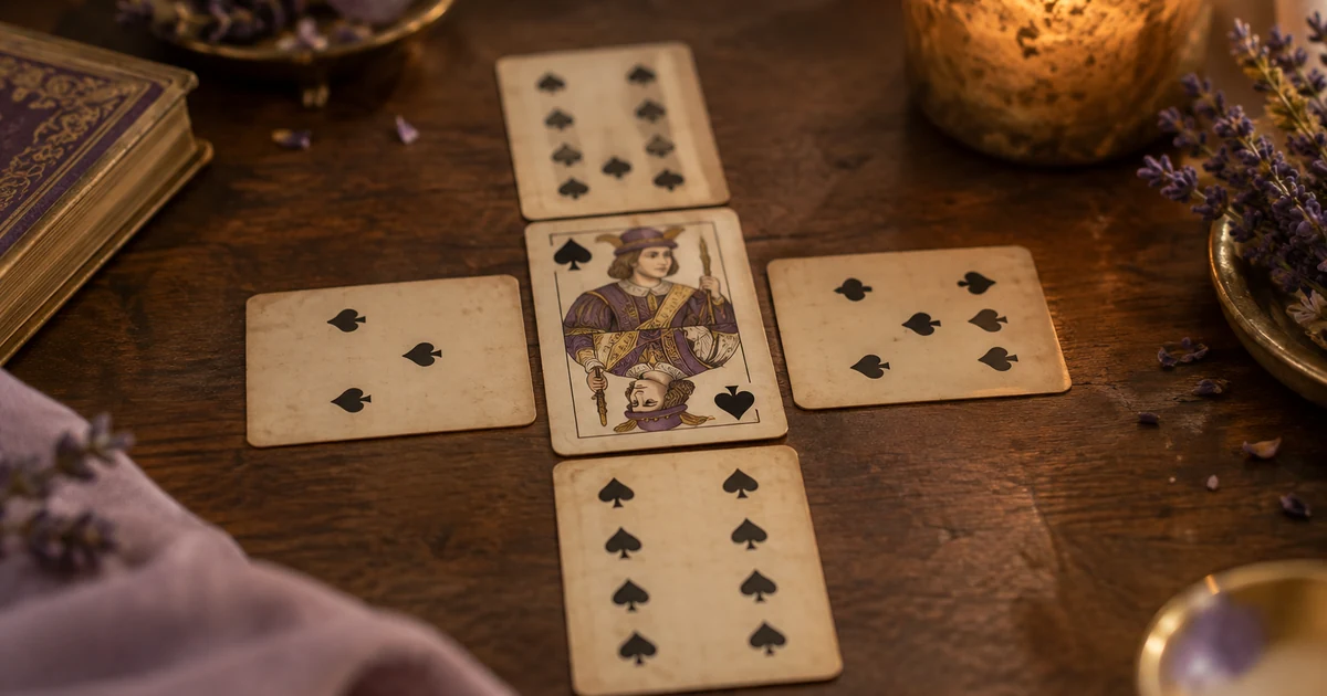 Valet de pique : cartes à jouer anciennes disposées en croix autour du valet sur une table en bois sombre