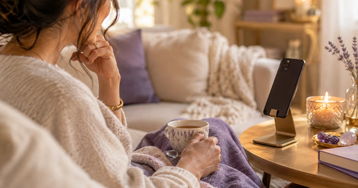 Voyance en visio : une femme détendue dans son salon, smartphone posé sur un support, tasse de thé et bougie