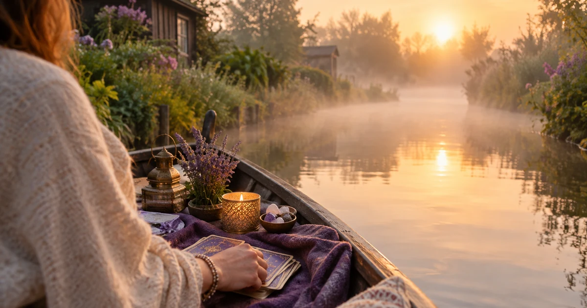 Voyante à Amiens en visio : barque sur l'eau calme des hortillonnages au petit matin, brume légère et lumière dorée