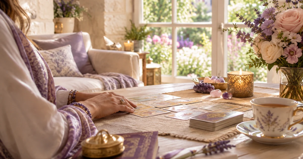 Voyante à Angers en visio : salon doux en tuffeau clair, fenêtre sur des jardins fleuris, roses, cartes et tasse de thé