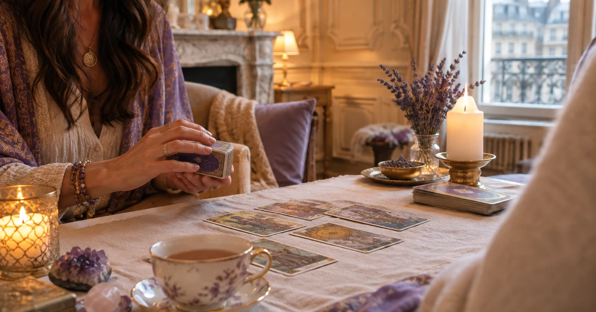 Voyante à Bruxelles en visio : salon d'une maison bruxelloise ancienne à moulures, bougie, tasse de thé et cartes