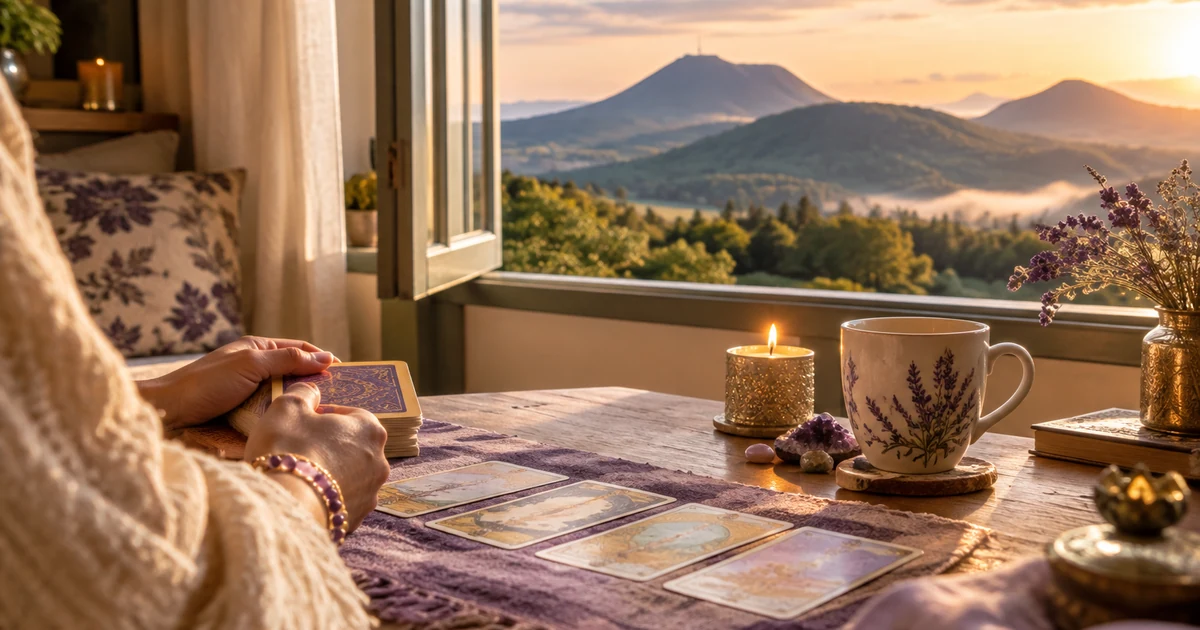 Voyante à Clermont-Ferrand en visio : fenêtre ouverte sur les volcans d'Auvergne au lever du soleil, bougie et cartes