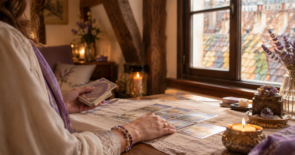 Voyante à Dijon en visio : intérieur ancien aux poutres apparentes, toits colorés par la fenêtre, bougie et cartes de voyance