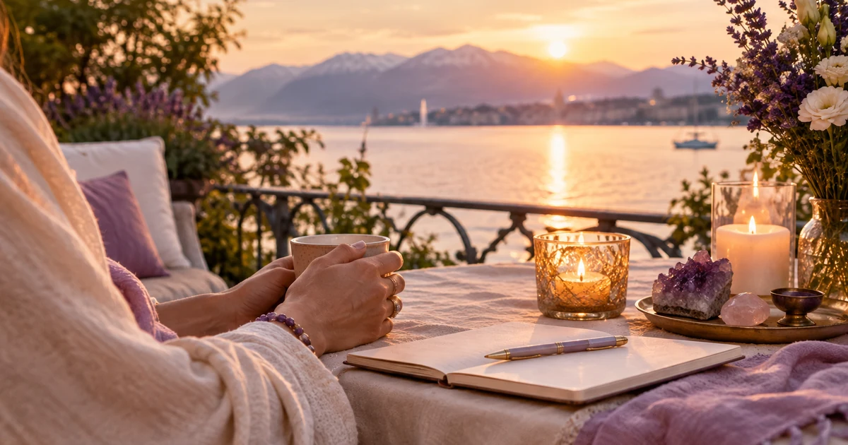 Voyante à Genève en visio : terrasse au bord du lac Léman au lever du soleil, montagnes au loin, bougie et carnet