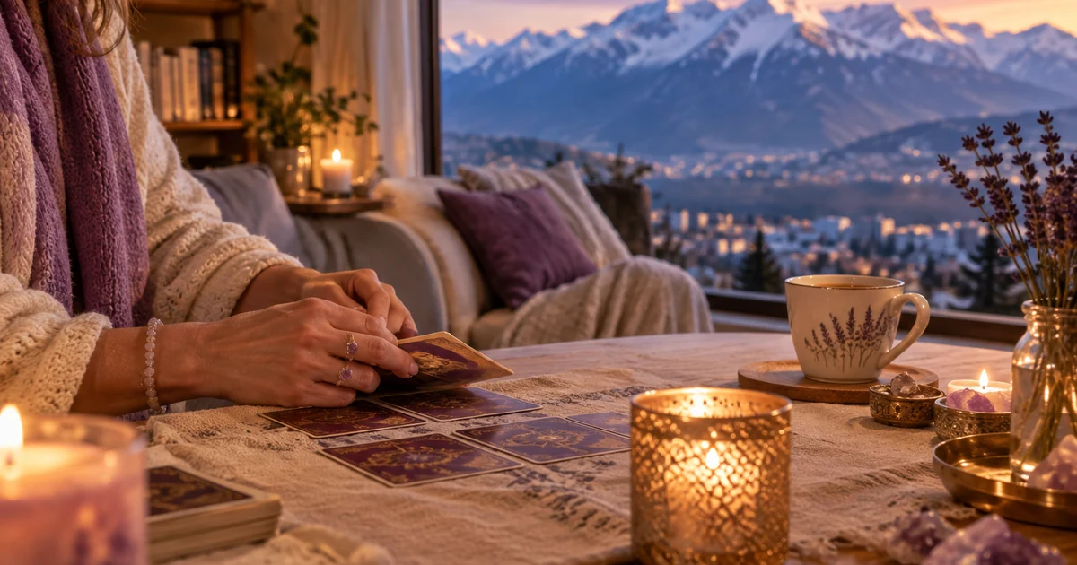 Voyante à Grenoble en visio : salon chaleureux face aux montagnes enneigées au crépuscule, bougie, cartes et tasse de thé