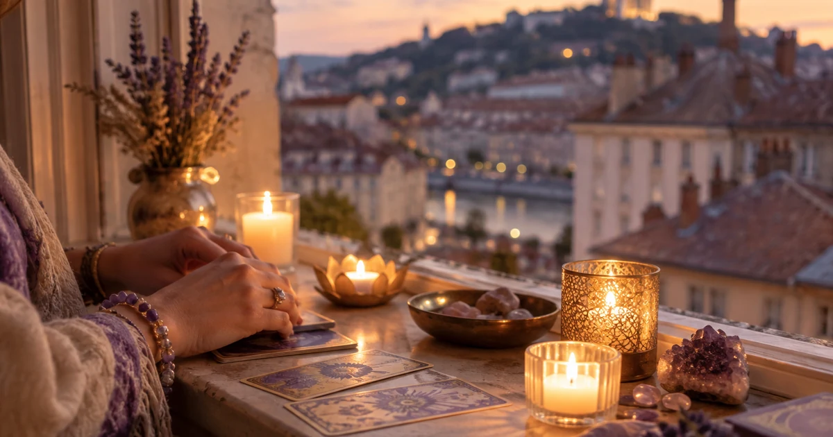 Voyante à Lyon en visio : bougies allumées près d'une fenêtre donnant sur les toits anciens et la colline, soirée douce
