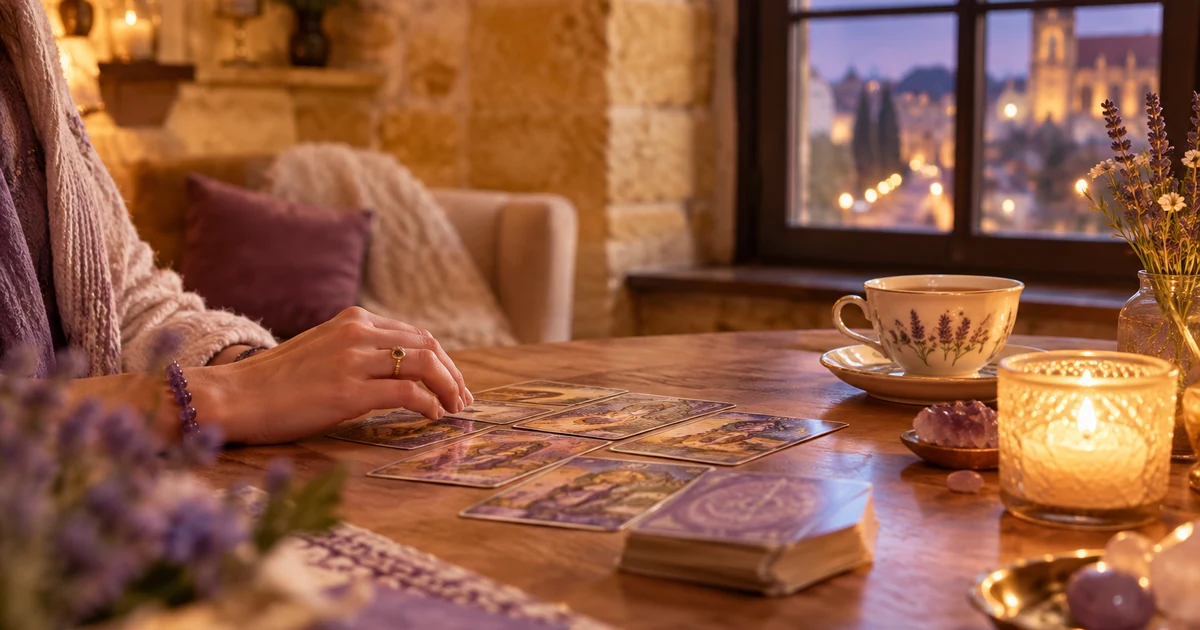Voyante à Metz en visio : intérieur cosy en pierre jaune le soir, fenêtre éclairée, bougie, cartes et tasse de thé