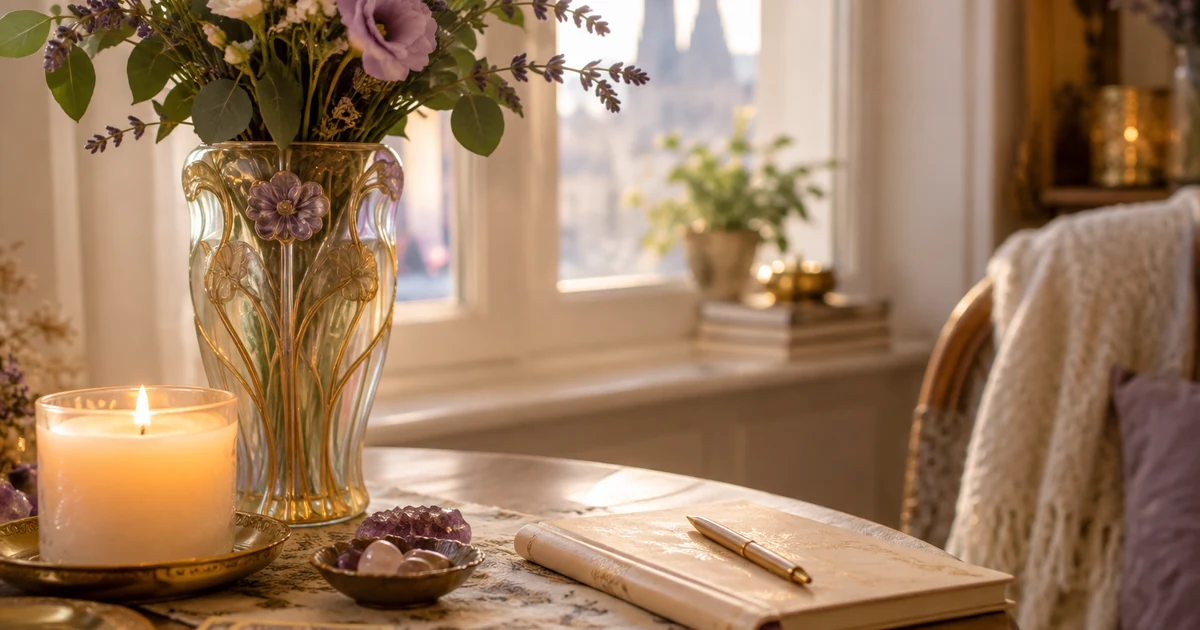 Voyante à Nancy en visio : vase art nouveau en verre et fleurs près d'une fenêtre, bougie et carnet sur une table