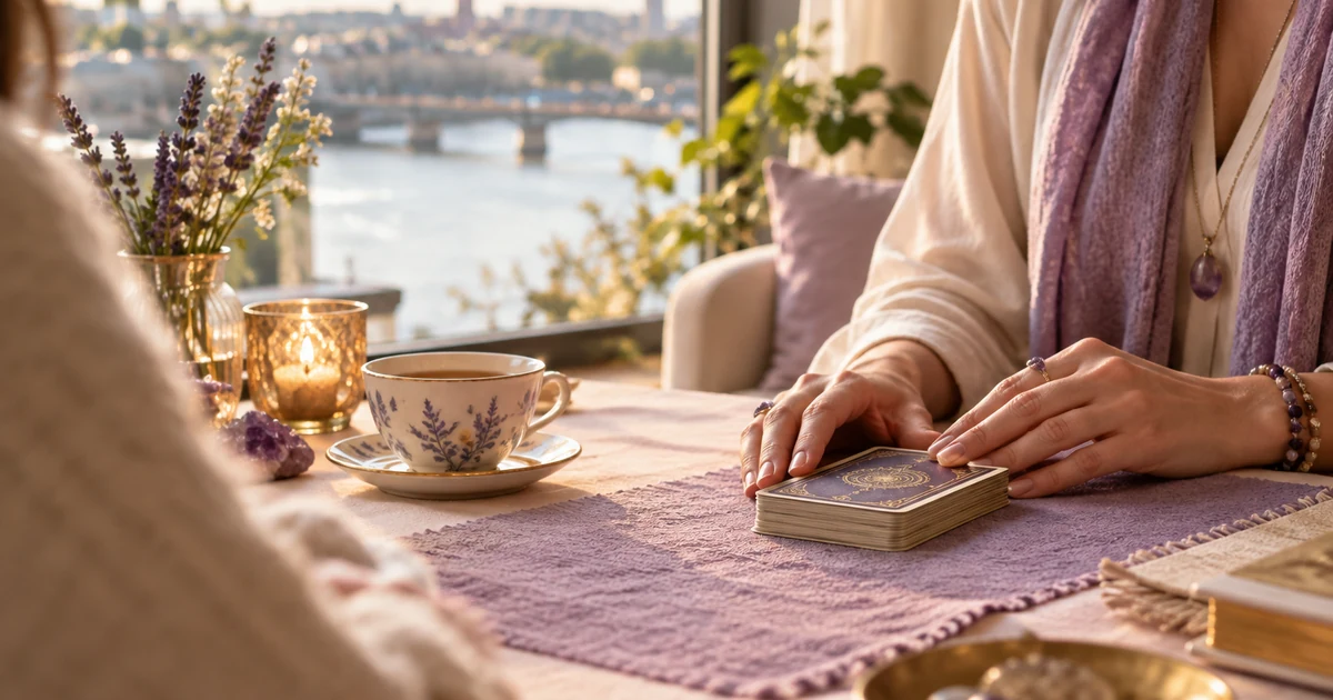Voyante à Nantes en visio : salon lumineux près d'une fenêtre donnant sur la Loire, tasse de thé et jeu de cartes