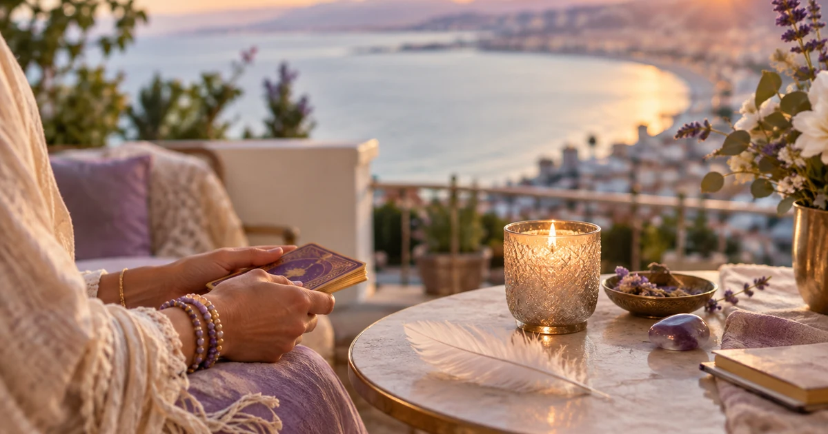 Voyante à Nice en visio : terrasse avec vue sur la baie au lever du soleil, bougie et plume blanche sur une table