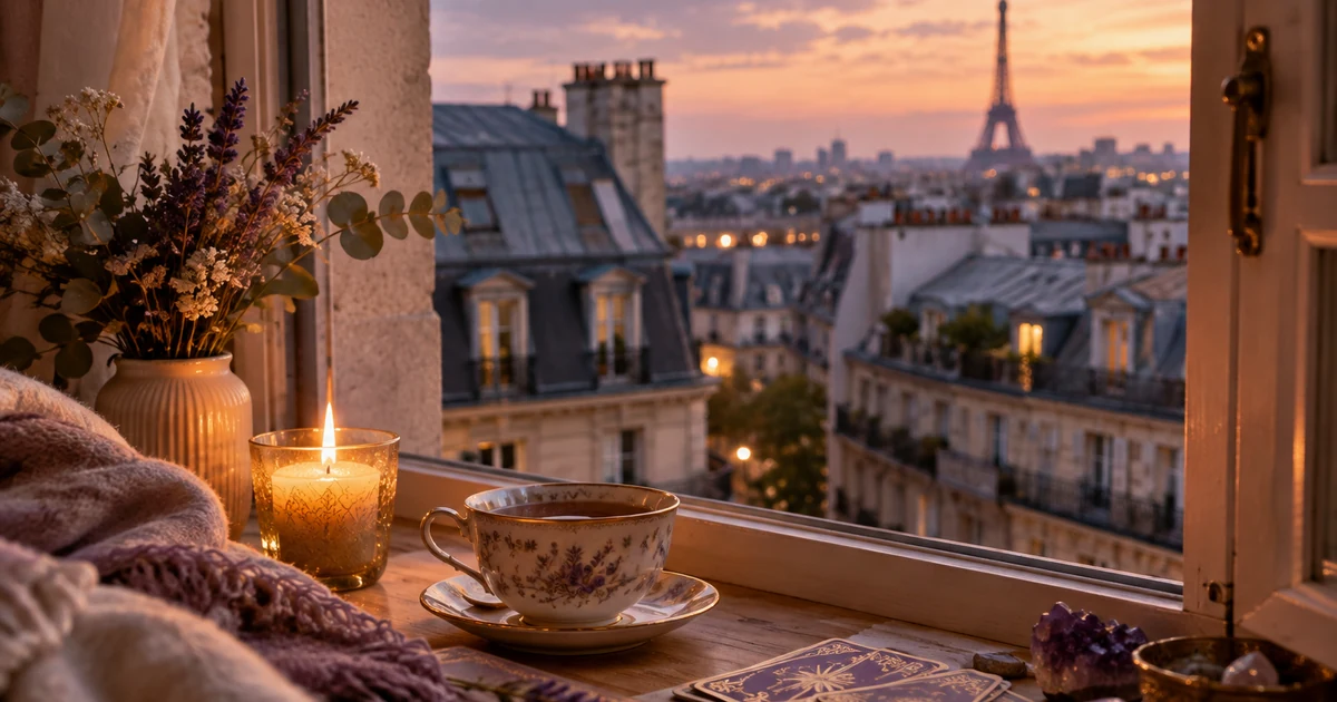 Voyante à Paris en visio : bougie et tasse de thé sur le rebord d'une fenêtre ouverte sur les toits de Paris au crépuscule