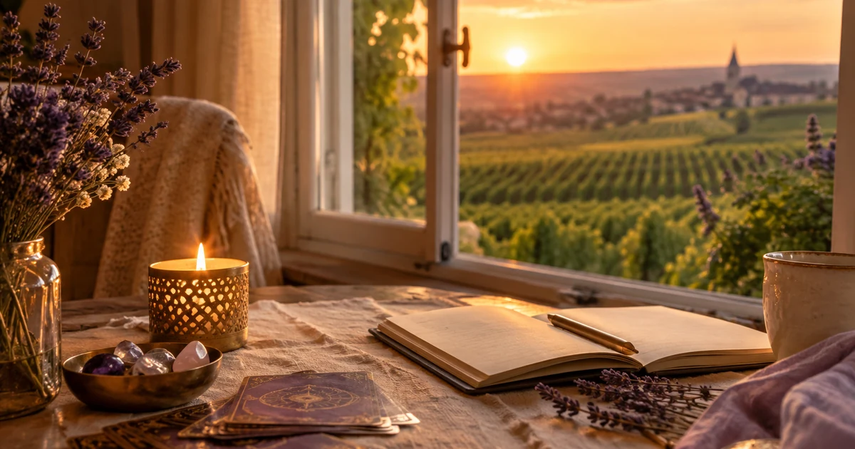 Voyante à Reims en visio : table au coucher du soleil près d'une fenêtre ouverte sur les vignes, bougie et carnet