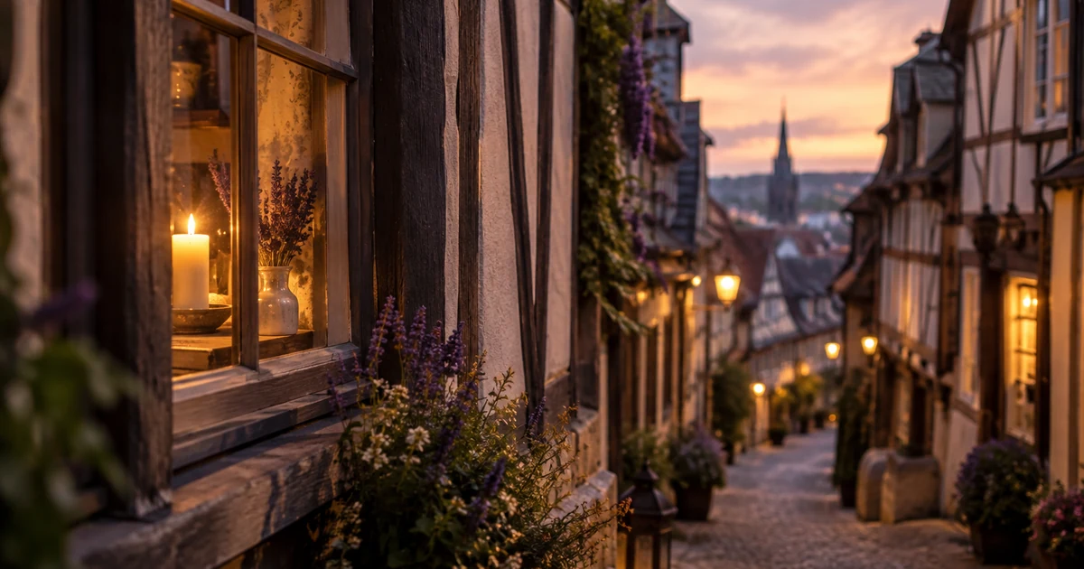 Voyante à Rouen en visio : ruelle de maisons à pans de bois au crépuscule, fenêtre éclairée par une bougie