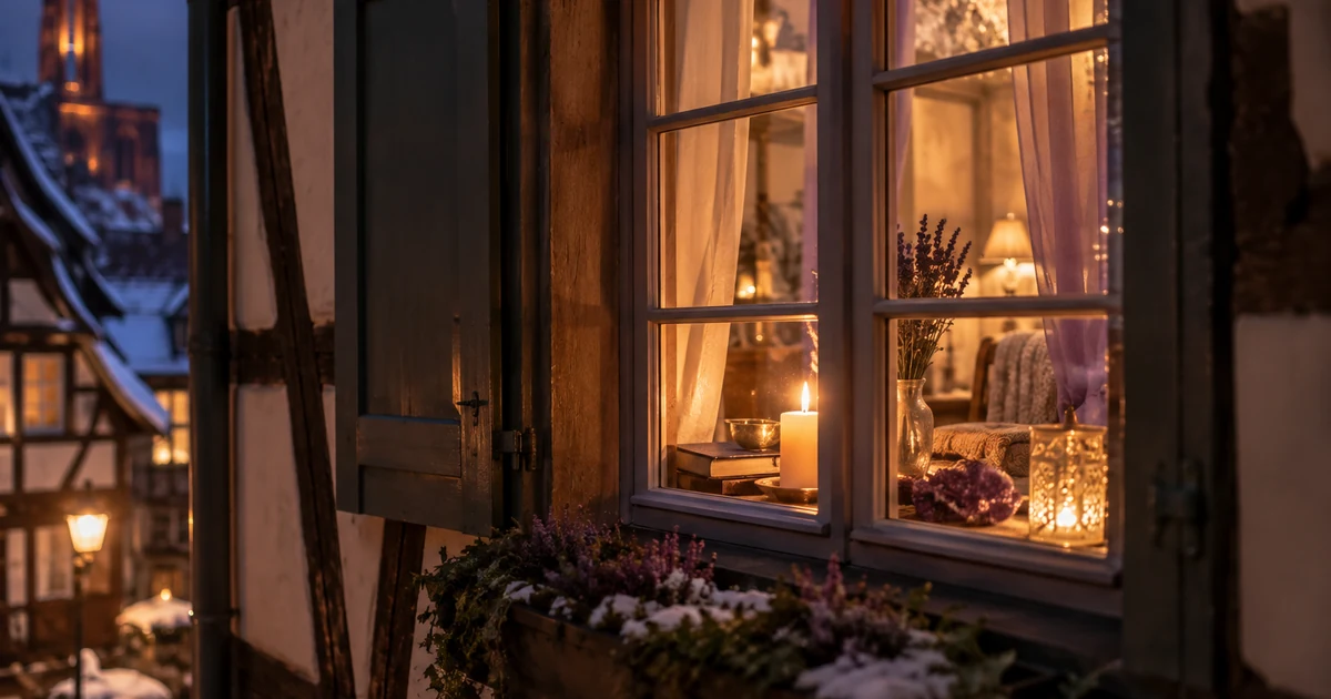 Voyante à Strasbourg en visio : fenêtre d'une maison à colombages la nuit, bougie allumée derrière la vitre, ambiance d'hiver