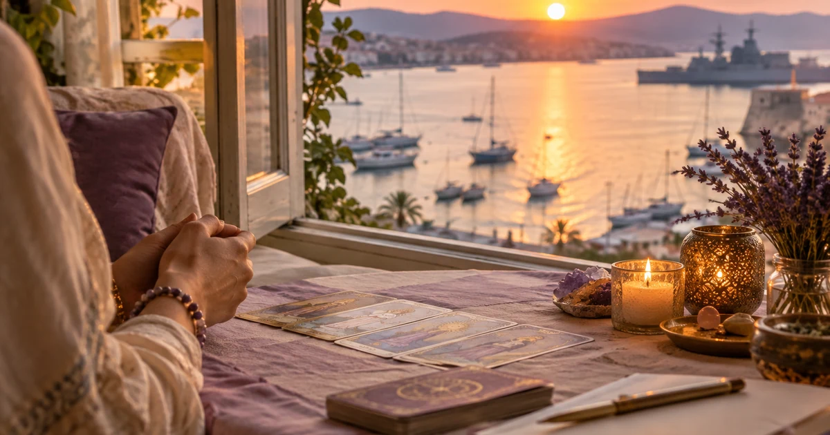 Voyante à Toulon en visio : table près d'une fenêtre ouverte sur la rade et les bateaux au coucher du soleil