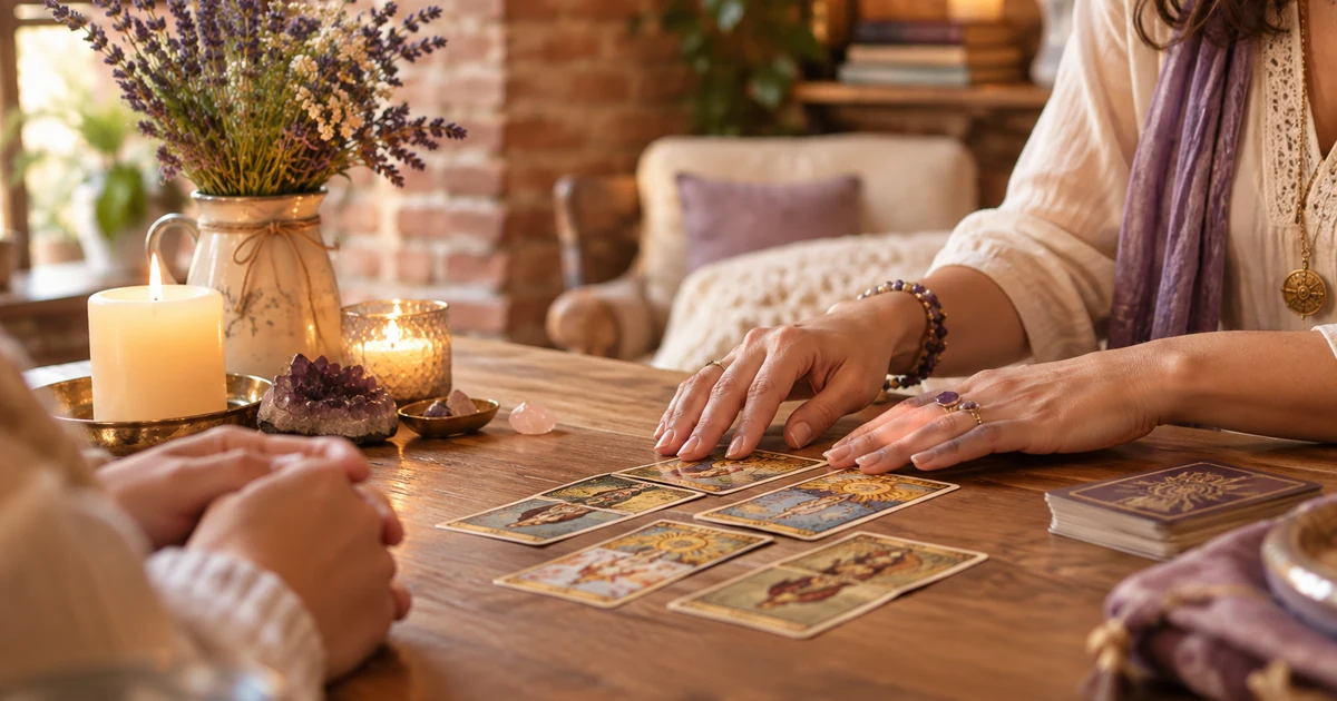 Voyante à Toulouse en visio : intérieur chaleureux aux murs de briques roses, bougie, lavande et cartes sur une table