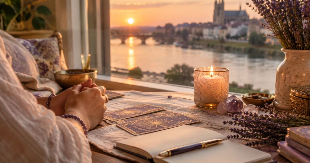 Voyante à Tours en visio : table près d'une fenêtre donnant sur la Loire au soleil couchant, bougie, carnet et lavande